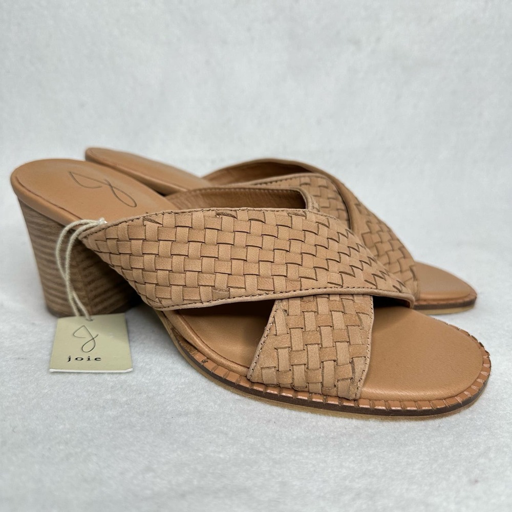Joie Leather Woven Sandals Cross Band Slide Mid Block Heel Size 7.5 NWT